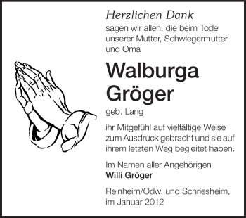 Traueranzeige von Walburga Gröger von Echo-Zeitungen (Gesamtausgabe)