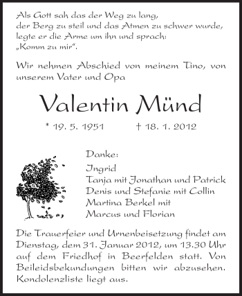 Traueranzeige von Valentin Münd von Odenwälder Echo