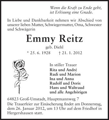 Traueranzeige von Emmy Reitz von Echo-Zeitungen (Gesamtausgabe)