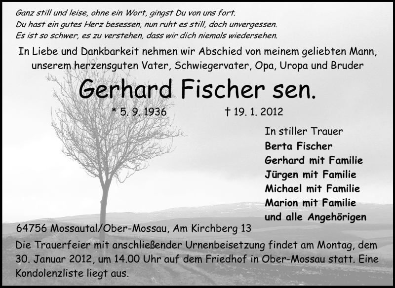  Traueranzeige für Gerhard Fischer vom 26.01.2012 aus Odenwälder Echo