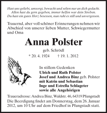 Traueranzeige von Anna Polster von Echo-Zeitungen (Gesamtausgabe)
