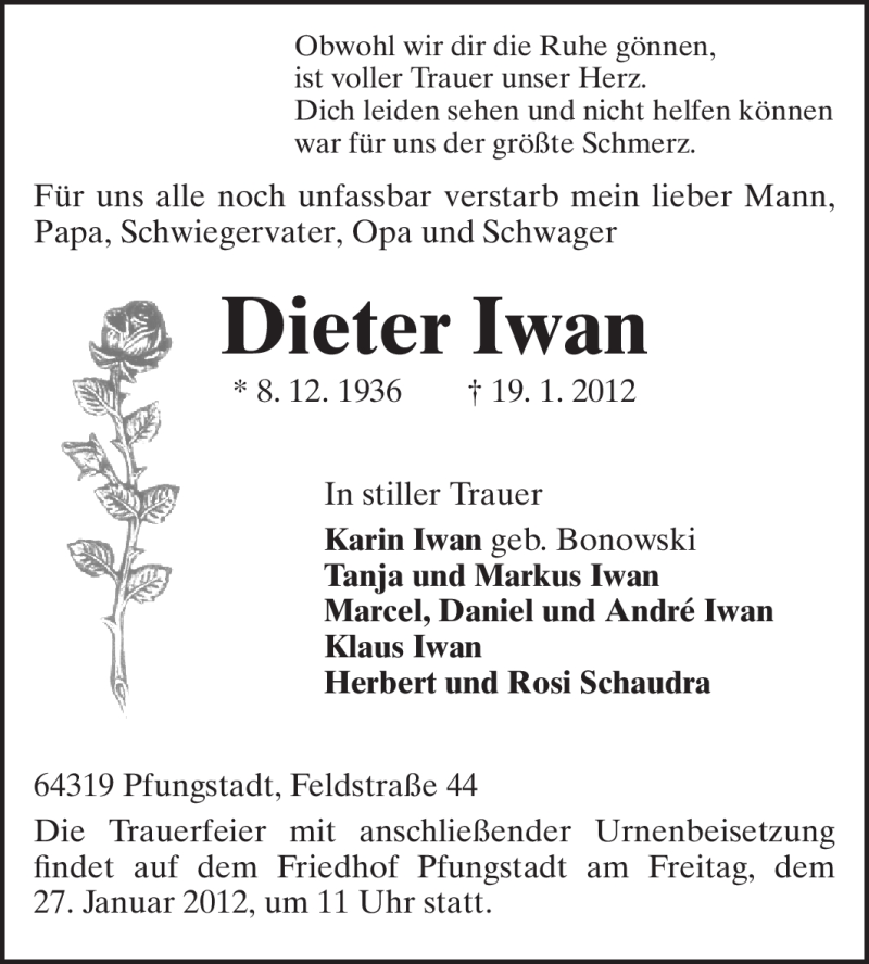  Traueranzeige für Dieter Iwan vom 25.01.2012 aus Echo-Zeitungen (Gesamtausgabe)