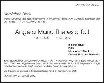 Traueranzeige von Angela Maria Theresia Toll von Echo-Zeitungen (Gesamtausgabe)