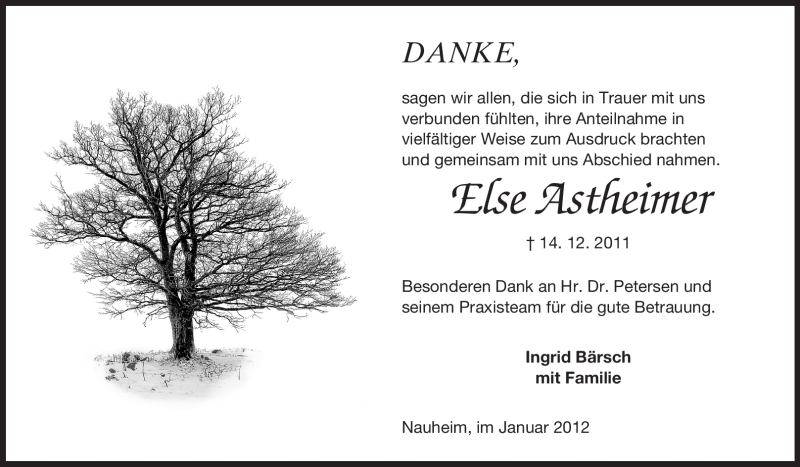  Traueranzeige für Else Astheimer vom 25.01.2012 aus Rüsselsheimer Echo, Groß-Gerauer-Echo, Ried Echo