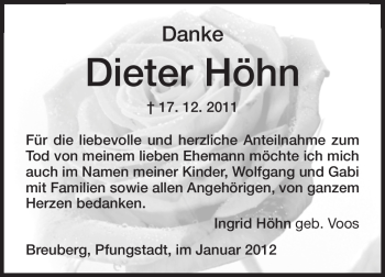 Traueranzeige von Dieter Höhn von Echo-Zeitungen (Gesamtausgabe)