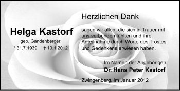 Traueranzeige von Helga Kastorf von Echo-Zeitungen (Gesamtausgabe)