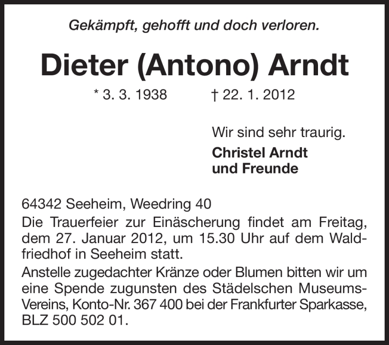  Traueranzeige für Dieter Arndt vom 25.01.2012 aus Echo-Zeitungen (Gesamtausgabe)