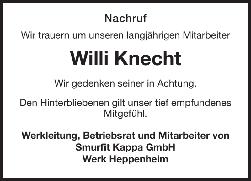  Traueranzeige für Willi Knecht vom 25.01.2012 aus Starkenburger Echo