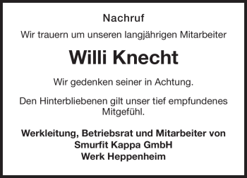 Traueranzeige von Willi Knecht von Starkenburger Echo