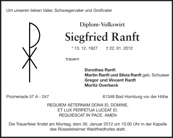 Traueranzeige von Siegfried Ranft von Rüsselsheimer Echo, Groß-Gerauer-Echo, Ried Echo