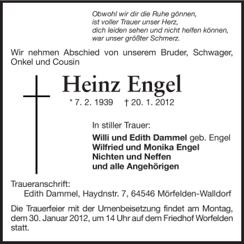 Traueranzeige von Heinz Engel von Rüsselsheimer Echo, Groß-Gerauer-Echo, Ried Echo