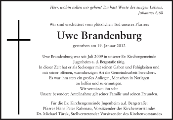 Traueranzeige von Uwe Brandenburg von Echo-Zeitungen (Gesamtausgabe)