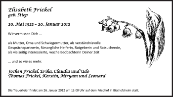 Traueranzeige von Elisabeth Frickel von Rüsselsheimer Echo, Groß-Gerauer-Echo, Ried Echo
