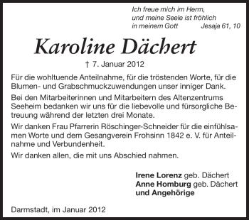 Traueranzeige von Karoline Dächert von Echo-Zeitungen (Gesamtausgabe)