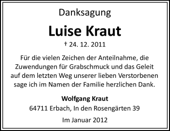 Traueranzeige von Luise Kraut  von Odenwälder Echo