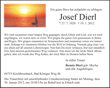 Traueranzeige von Josef Dierl von Odenwälder Echo