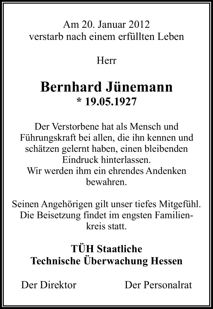 Traueranzeigen von Bernhard Jünemann www.vrmtrauer.de
