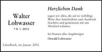 Traueranzeige von Walter Lohwasser von Odenwälder Echo