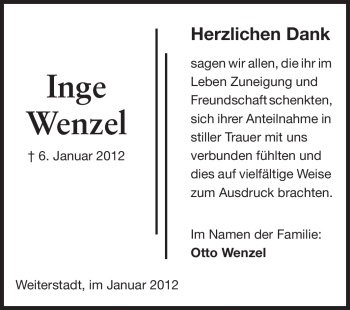 Traueranzeige von Inge Wenzel von Darmstädter Echo, Odenwälder Echo, Rüsselsheimer Echo, Groß-Gerauer-Echo, Ried Echo