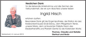 Traueranzeige von Ingrid Marianne Hirsch von Echo-Zeitungen (Gesamtausgabe)