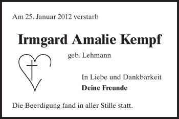 Traueranzeige von Irmgard Amalie Kempf von Darmstädter Echo, Odenwälder Echo, Rüsselsheimer Echo, Groß-Gerauer-Echo, Ried Echo