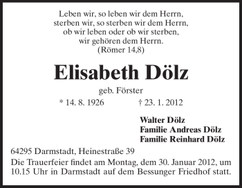 Traueranzeige von Elisabeth Dölz von Echo-Zeitungen (Gesamtausgabe)