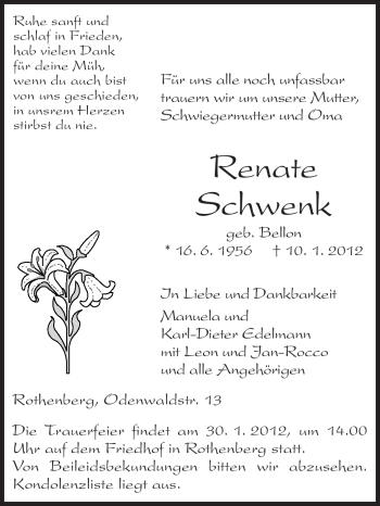 Traueranzeige von Renate Schwenk von Odenwälder Echo