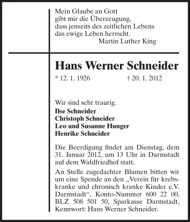  Traueranzeige für Hans Werner Schneider vom 28.01.2012 aus Darmstädter Echo, Odenwälder Echo, Rüsselsheimer Echo, Groß-Gerauer-Echo, Ried Echo