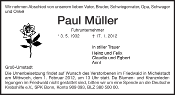 Traueranzeige von Paul Müller von Echo-Zeitungen (Gesamtausgabe)