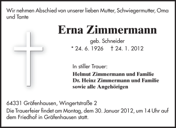 Traueranzeige von Erna Zimmermann von Echo-Zeitungen (Gesamtausgabe)