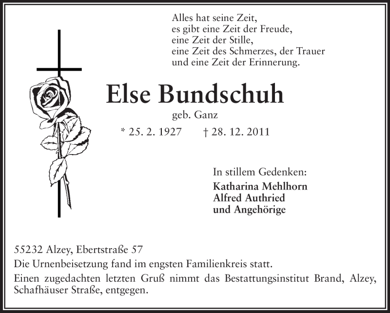  Traueranzeige für Else Bundschuh vom 28.01.2012 aus Starkenburger Echo