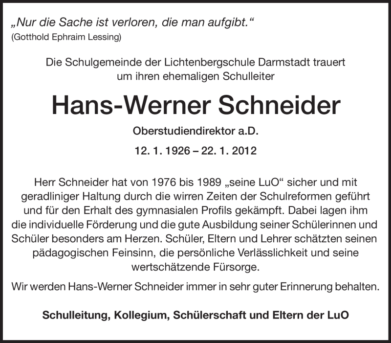 Traueranzeige für Hans Werner Schneider vom 28.01.2012 aus Echo-Zeitungen (Gesamtausgabe)