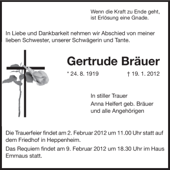 Traueranzeige von Gertrude Bräuer von Starkenburger Echo