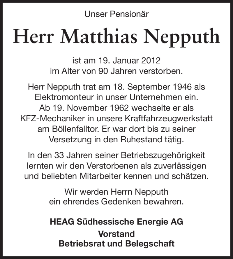  Traueranzeige für Matthias Nepputh vom 28.01.2012 aus Echo-Zeitungen (Gesamtausgabe)