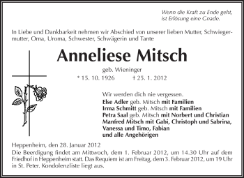 Traueranzeige von Anneliese Mitsch von Starkenburger Echo