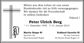 Traueranzeige von Peter Ulrich Berg von Echo-Zeitungen (Gesamtausgabe)