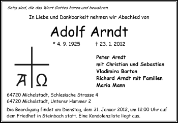 Traueranzeige von Adolf Arndt von Odenwälder Echo