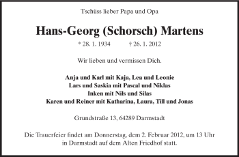 Traueranzeige von Hans-Georg Martens von Darmstädter Echo, Odenwälder Echo, Rüsselsheimer Echo, Groß-Gerauer-Echo, Ried Echo