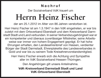 Traueranzeige von Heinz Fischer von Darmstädter Echo, Odenwälder Echo, Rüsselsheimer Echo, Groß-Gerauer-Echo, Ried Echo