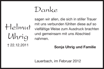 Traueranzeige von Helmut Uhrig von Odenwälder Echo