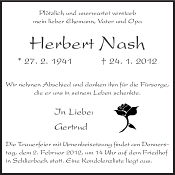 Traueranzeige von Herbert Nash von Starkenburger Echo