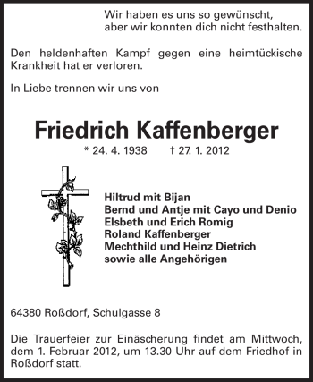 Traueranzeige von Friedrich Kaffenberger von Echo-Zeitungen (Gesamtausgabe)