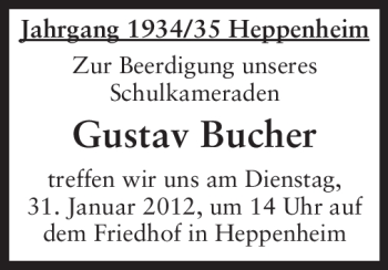 Traueranzeige von Franz Gustav Bucher von Starkenburger Echo
