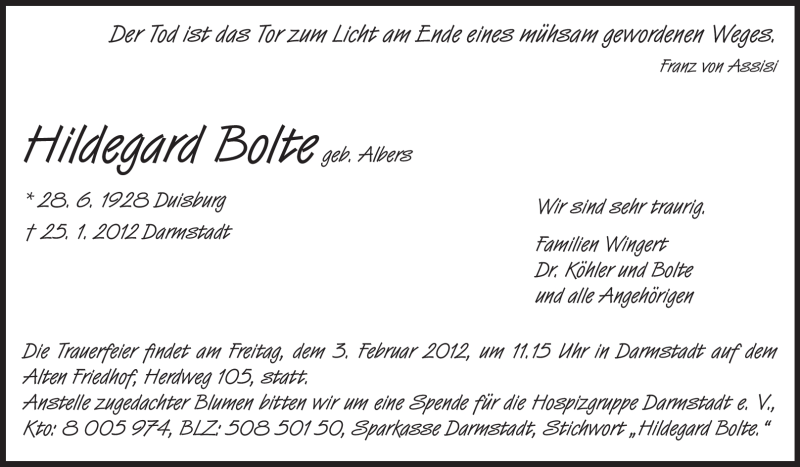  Traueranzeige für Hildegard Bolte vom 01.02.2012 aus Darmstädter Echo, Odenwälder Echo, Rüsselsheimer Echo, Groß-Gerauer-Echo, Ried Echo