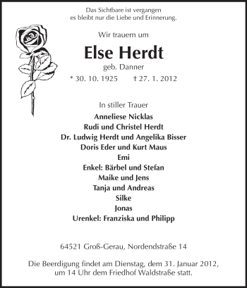 Traueranzeige von Else Herdt von Rüsselsheimer Echo, Groß-Gerauer-Echo, Ried Echo