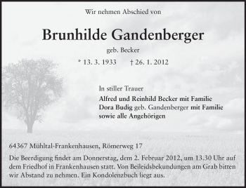 Traueranzeige von Brunhilde Gandenberger von Echo-Zeitungen (Gesamtausgabe)