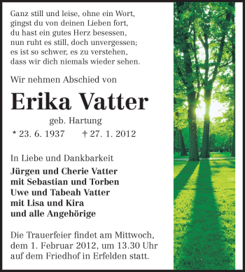 Traueranzeige von Erika Vatter von Rüsselsheimer Echo, Groß-Gerauer-Echo, Ried Echo