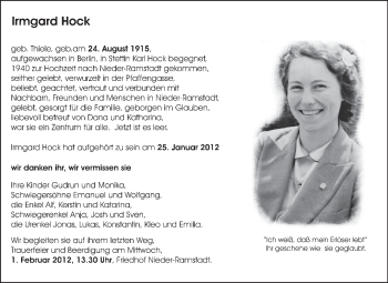 Traueranzeige von Irmgard Hock von Echo-Zeitungen (Gesamtausgabe)