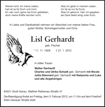 Traueranzeige von Lisl Gerhardt von Rüsselsheimer Echo, Groß-Gerauer-Echo, Ried Echo