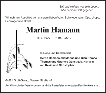 Traueranzeige von Martin Hamann von Rüsselsheimer Echo, Groß-Gerauer-Echo, Ried Echo